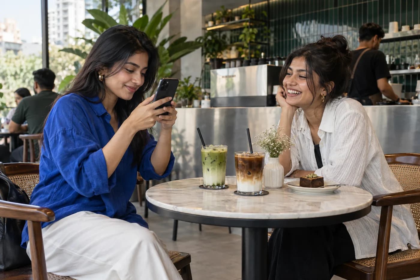 A creator filming drinks with a friend at a cafe