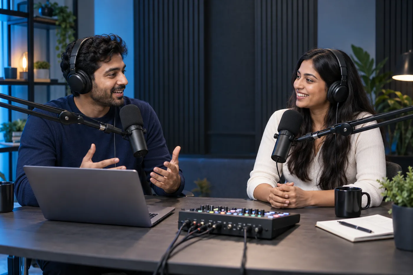 A host and founder recording a podcast conversation